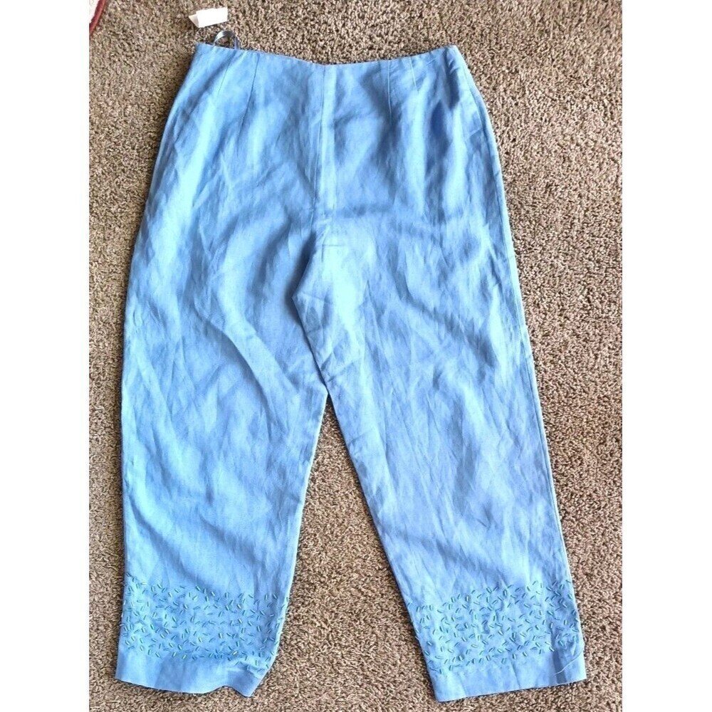Alexandra Bartlett Lined Crop Pants Size 8 Linen Blend Women's  Blue Beaded New